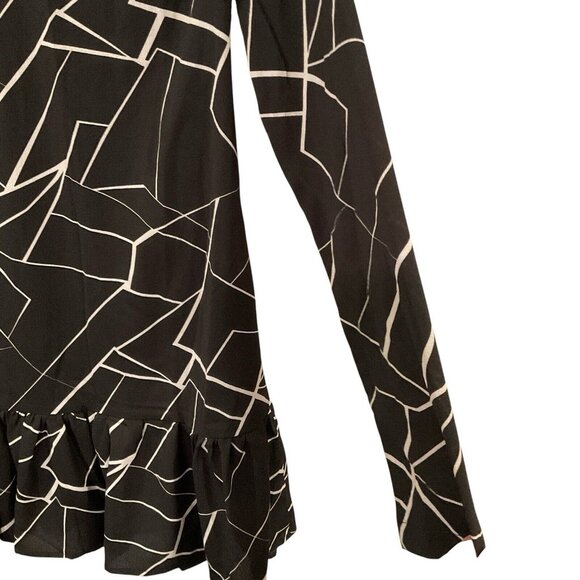 Shein Geometric Round Neck Black White Line Pattern Long Sleeve Dress Ruffle M - Picture 5 of 13
